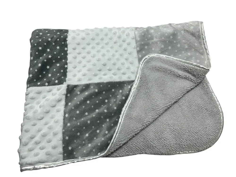 JUST BORN Gray White Stars Patchwork Minky Dot Sherpa Baby Blanket